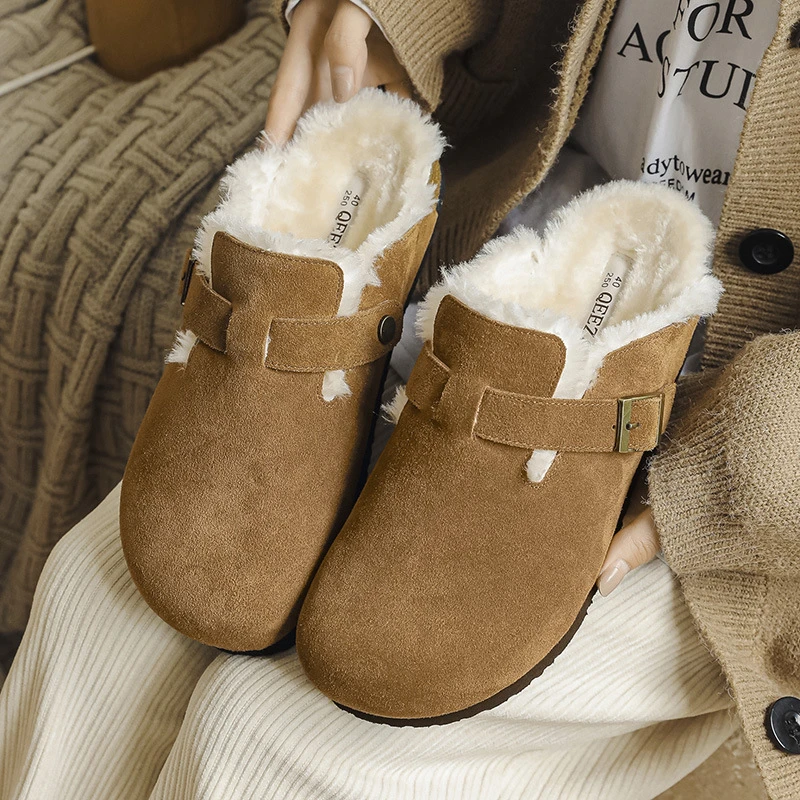 秋冬季勃肯鞋新款加厚保暖复古居家户外毛拖鞋加绒款包头牛皮半拖