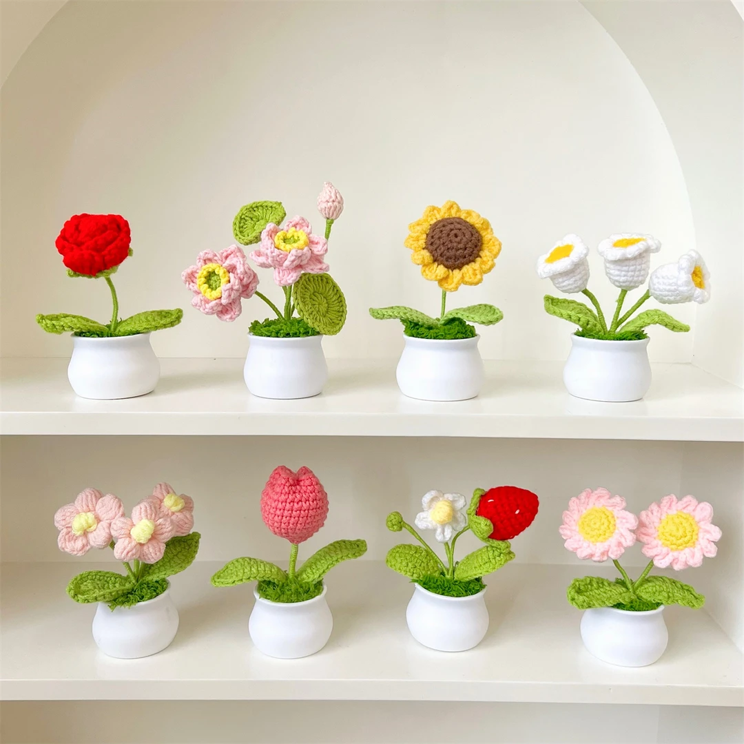 手工编织盆栽成品毛线花向日葵铃兰花束钩针仿真花车载摆件小装饰
