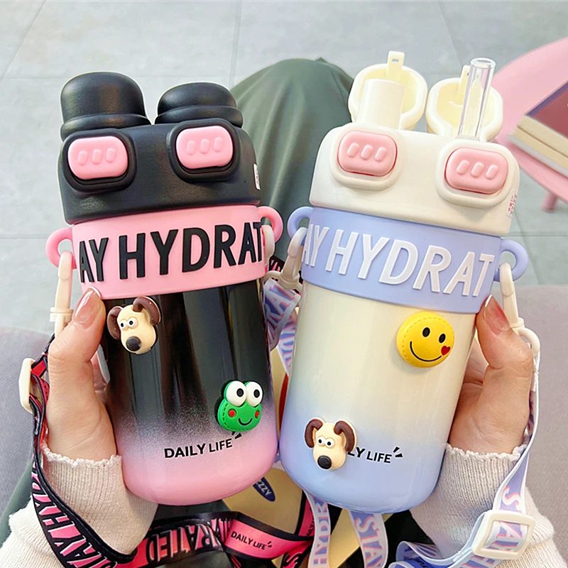 简约渐变色双饮保温杯2024新款女生高颜值吸管杯学生运动便携水杯