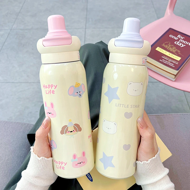 可爱陶瓷内胆大容量保温杯女2024新款双饮杯学生便携运动吸管水杯