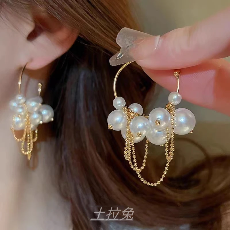 土拉兔 合金仿珍珠耳饰 轻奢精致珍珠流苏耳圈名媛气质高级感耳环