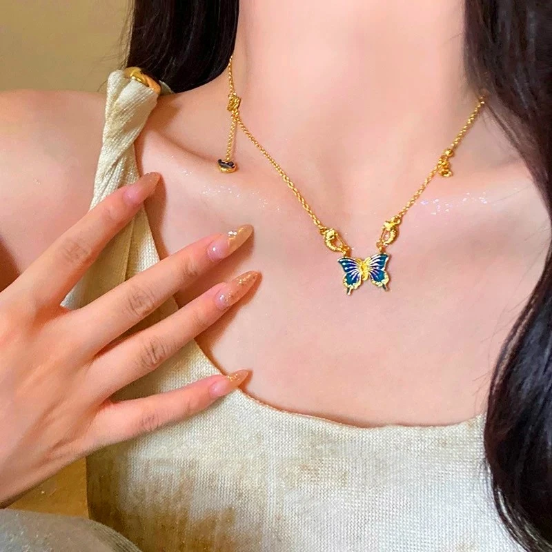 铜合金项链 新中式时尚百搭蝴蝶吊坠项链女渐变梦幻彩蝶轻奢链