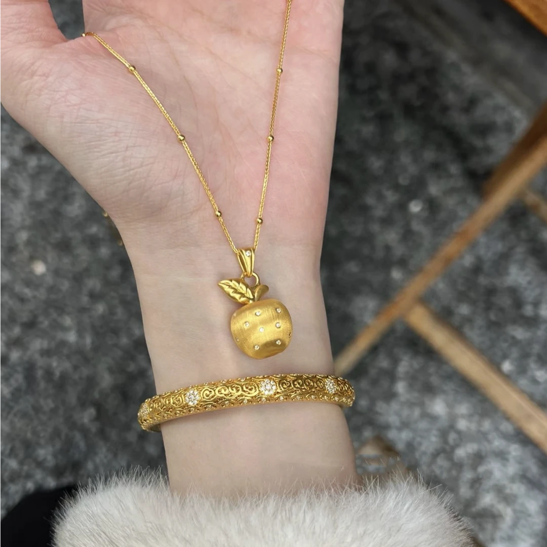 铜合金项链 国潮拉丝苹果项链吊坠平安果锁骨链圣诞节吊坠