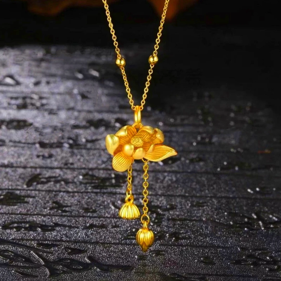 铜合金项链 新中式两世欢莲花吊坠项链时尚百搭优雅项链锁骨链