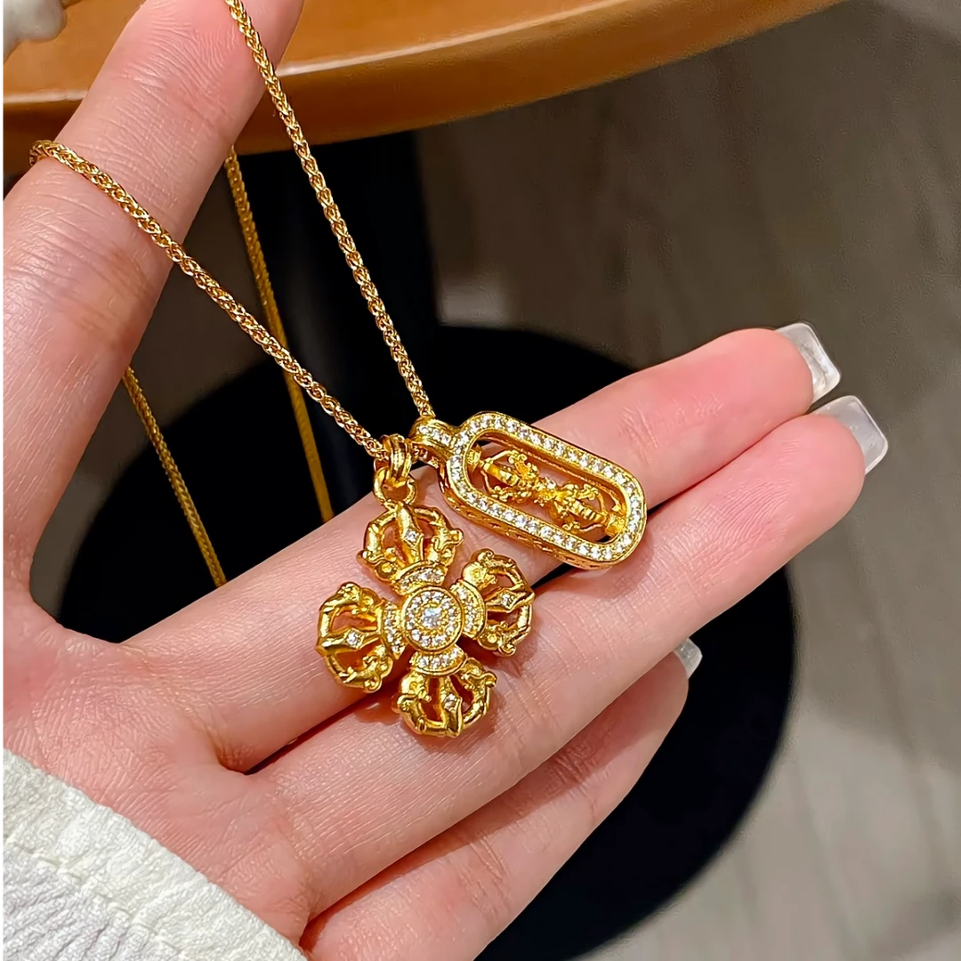 铜合金项链 新中式十字金刚杵吊坠颈链2024新款叠戴高级感