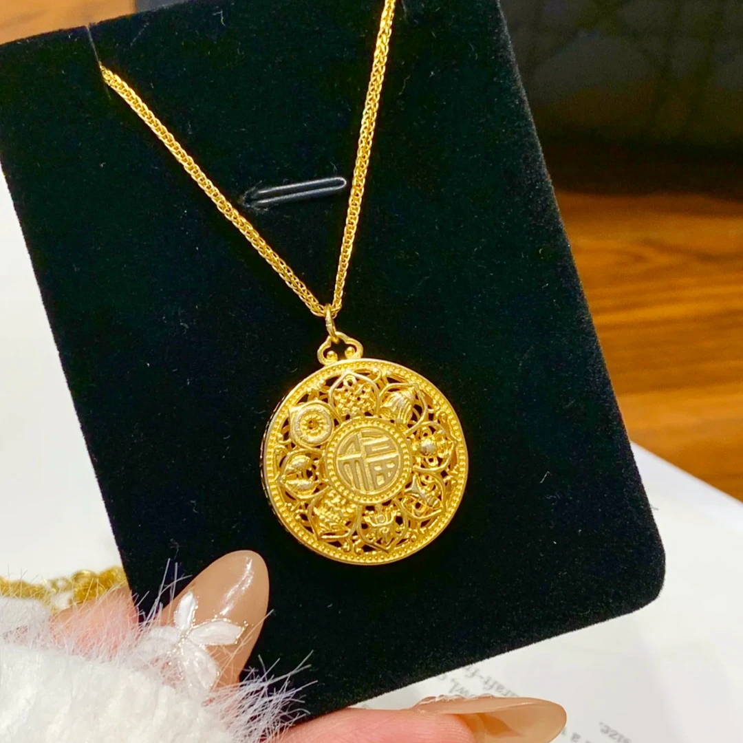 铜合金项链 新中式八宝罗盘吊坠项链福字镂空圆盘毛衣链配饰