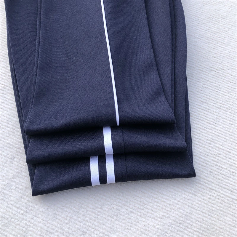 春秋季透气款藏蓝色白条薄款直筒运动裤男女小学初中高中生校服裤