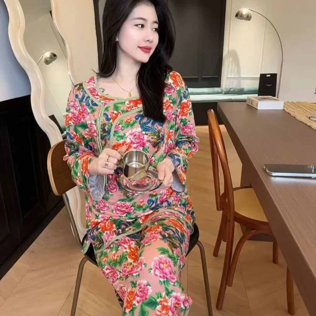 秋冬双面绒睡衣东北大花碎花国风网红宽松大码女家居服套装