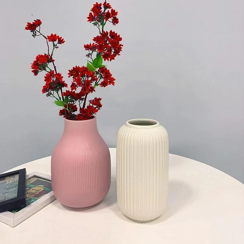 无品牌条纹花瓶陶瓷北欧简约白粉色现代客厅餐桌装饰鲜花瓶摆件