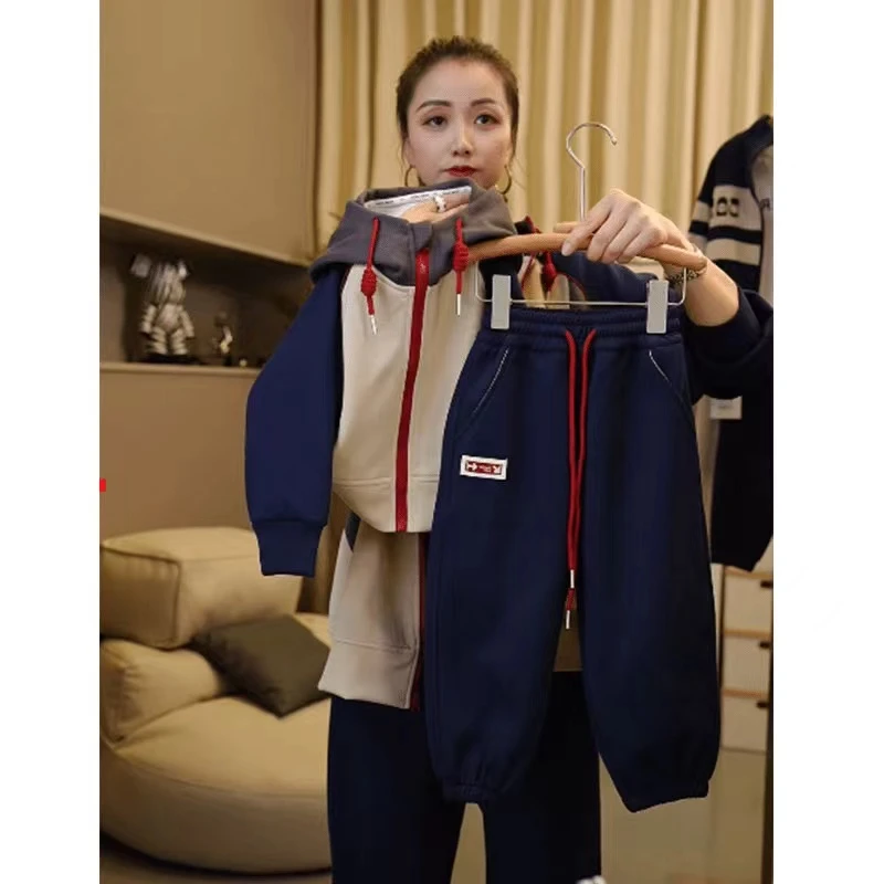 2025中大童秋季拼接帽衫新款韩版男女童个性休闲运动卫衣套装洋气