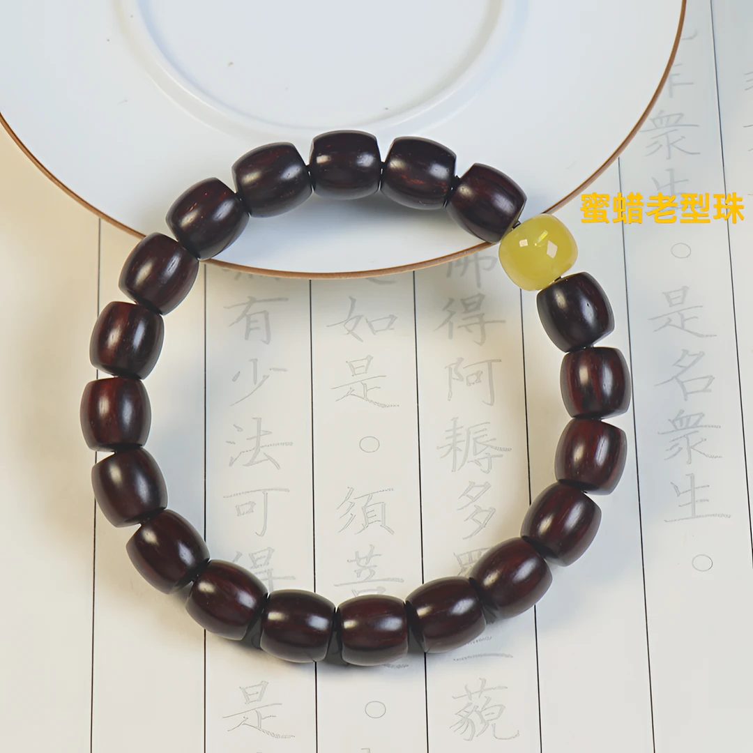 搭配蜜蜡老型珠 印度小叶紫檀1.0直切火焰纹情侣款手串男女