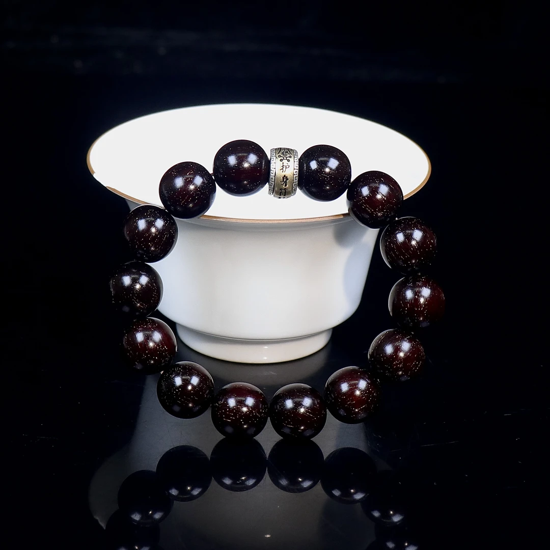 印度小叶紫檀高油密小爆金星搭配S925银本命年转运檀香紫檀多样性