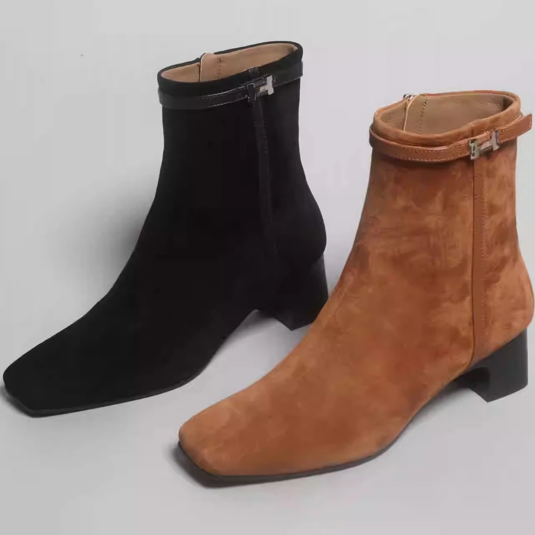 巴黎台版潮流侧拉链羊磨砂皮羊皮内粗跟货真皮短靴羊磨砂皮女靴子