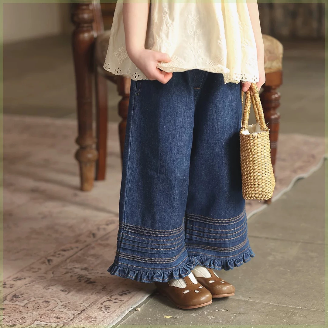 宝宝幼儿园薄款花边休闲裤夏季洋气牛仔裤儿童9分裤阔腿裤牛仔裤