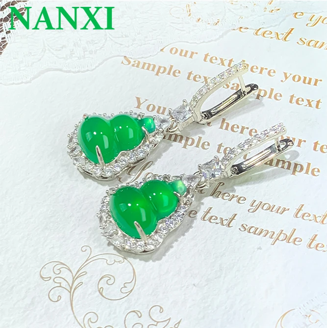 【南汐】天然玉髓葫芦耳钉耳坠女31031镶嵌送女友翠色