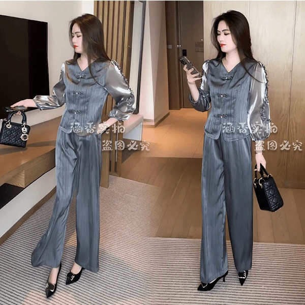 早秋新款新中式盘扣穿搭时尚气质休闲显瘦减龄套装洋气宽松