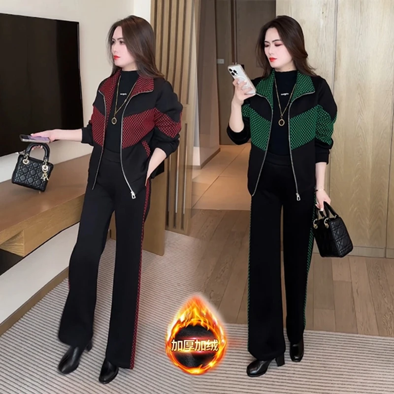冬季新款时尚穿搭气质休闲显瘦加绒加厚拼接套装