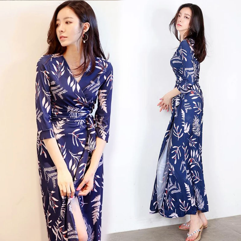 嫣源漫优雅气质显瘦裹身裙一片式长裙波西米亚女装连衣裙时尚收腰