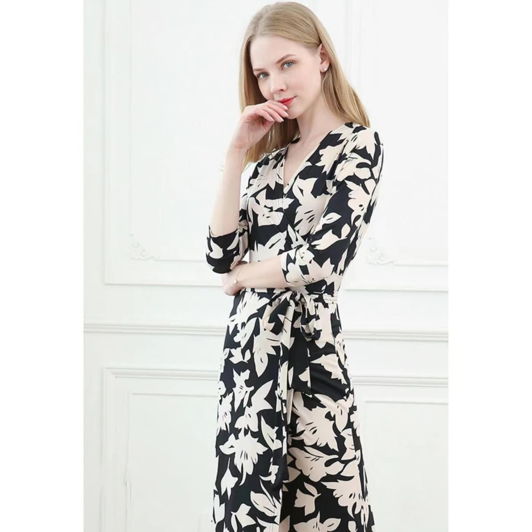 嫣源漫特价清 气质一片式时尚印花收腰v领长裙修身夏季宽松连衣裙