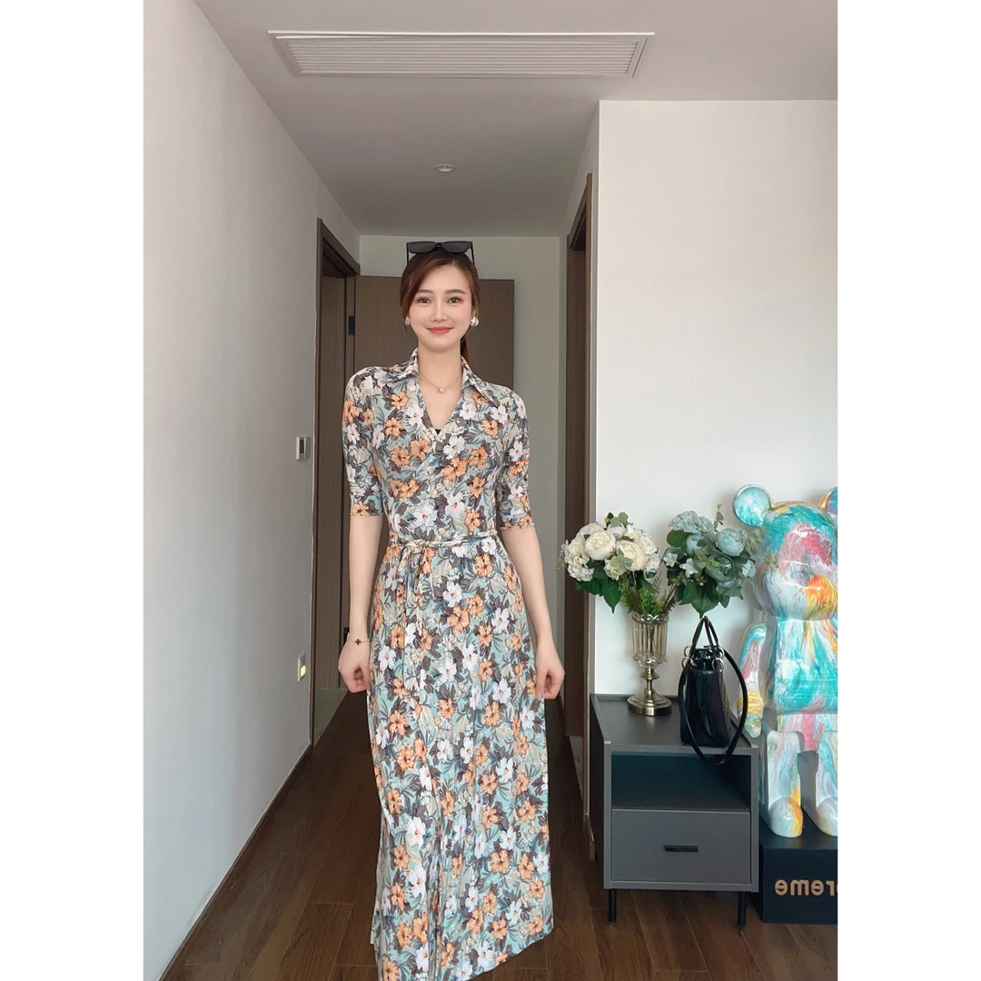 嫣源漫法式气质长裙收腰显瘦开叉碎花裹身裙夏季女装连衣裙优雅
