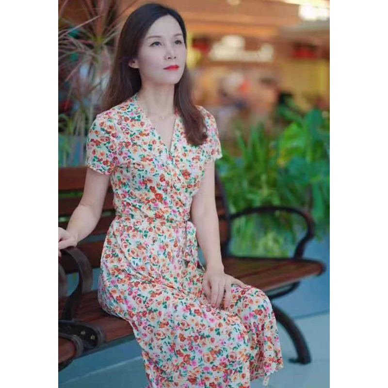 嫣源漫夏季气质一片式法式中长款花色夏女装连衣裙收腰修身碎花