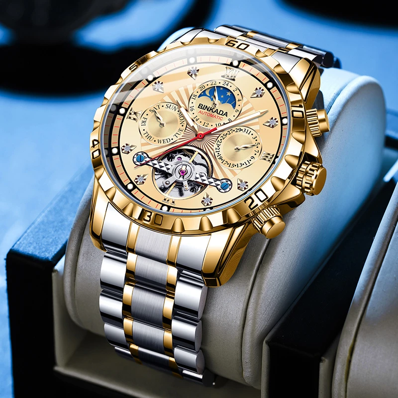 宾卡达（binkada）男士全自动机械手表镂空商务时尚多功能6945