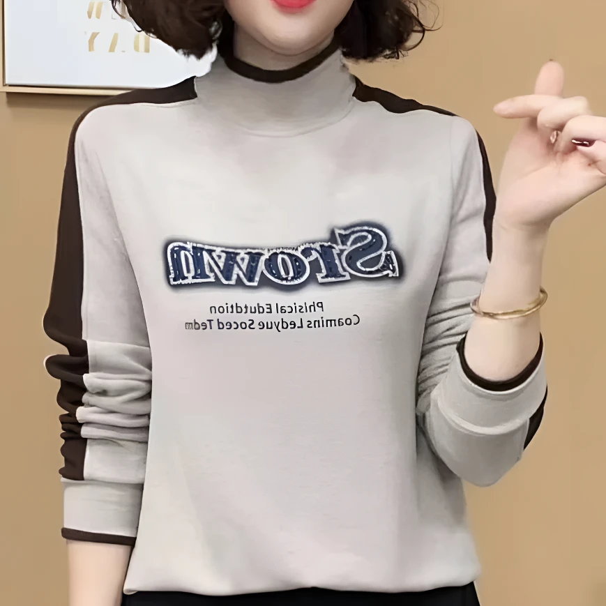 【洋气减龄】2024新款时尚洋气百搭半高领气质字母长袖打底衫女士