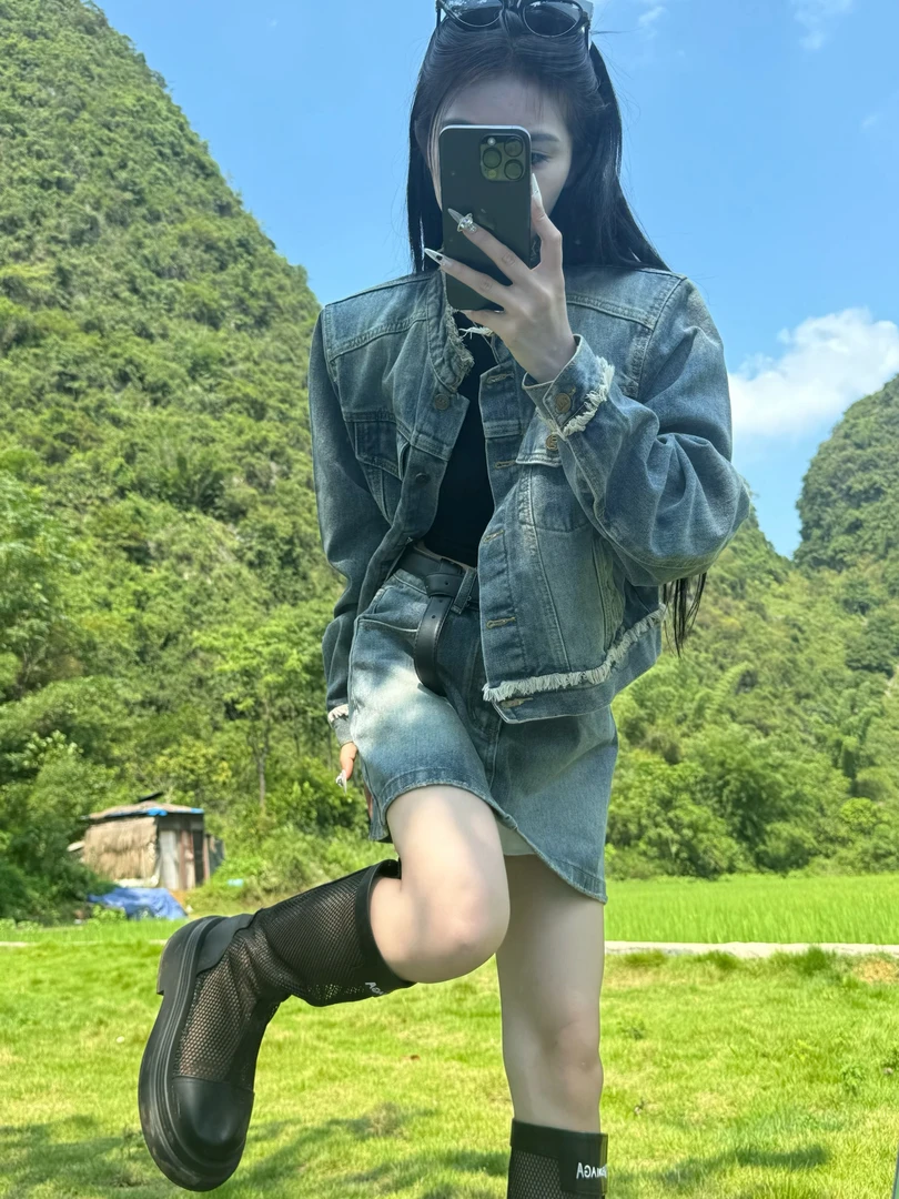 6033美式复古牛仔套装裙女高级感牛仔短外套半身裙时尚两件套