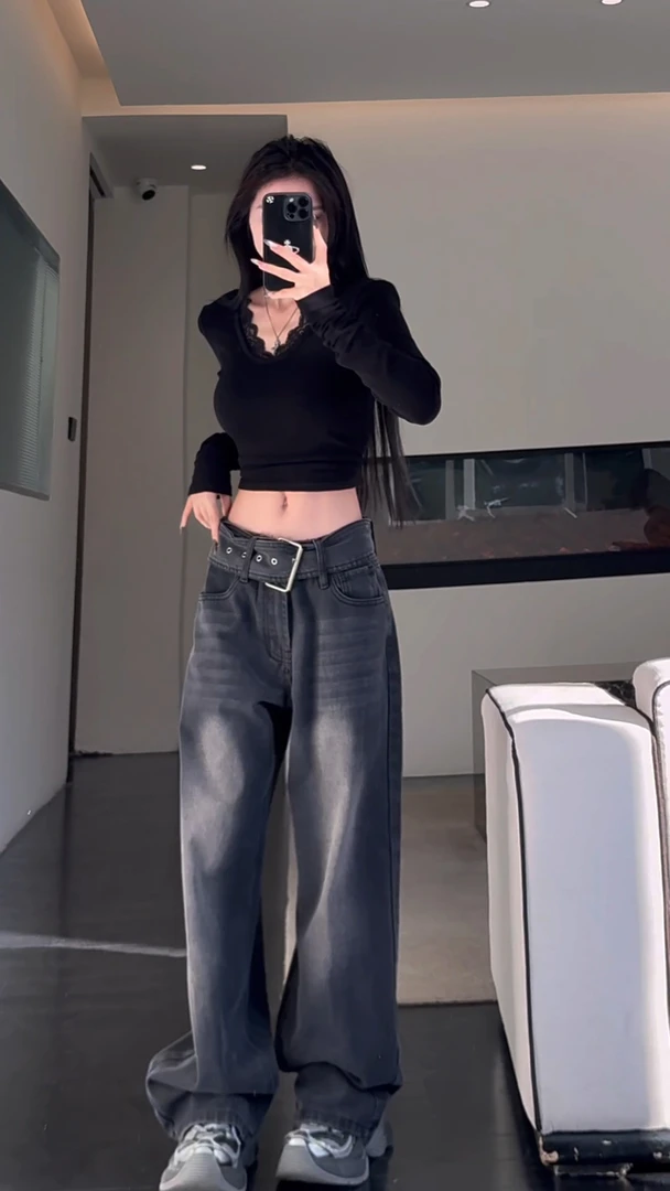 黑灰色复古牛仔裤女秋季新款宽松高腰显瘦拖地阔腿长裤