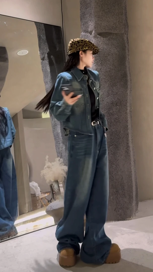 6096蓝色复古夹克式洗水牛仔套装女短外套直筒牛仔裤