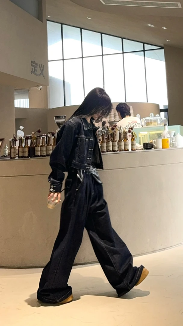 加绒2024新款韩系穿搭一整套高级感工装牛仔外套阔腿裤长裤两件套