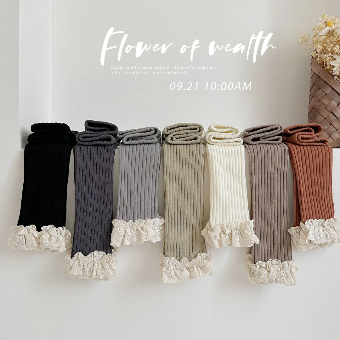 小童蕾丝边儿童打底裤春秋女童裤袜百搭精梳棉女宝宝九分裤袜外穿