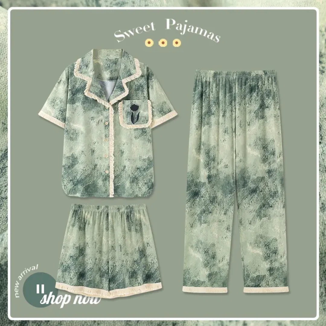 【绿野仙踪】三件套夏季睡衣女套装水墨画薄款透气宽松大码夏天