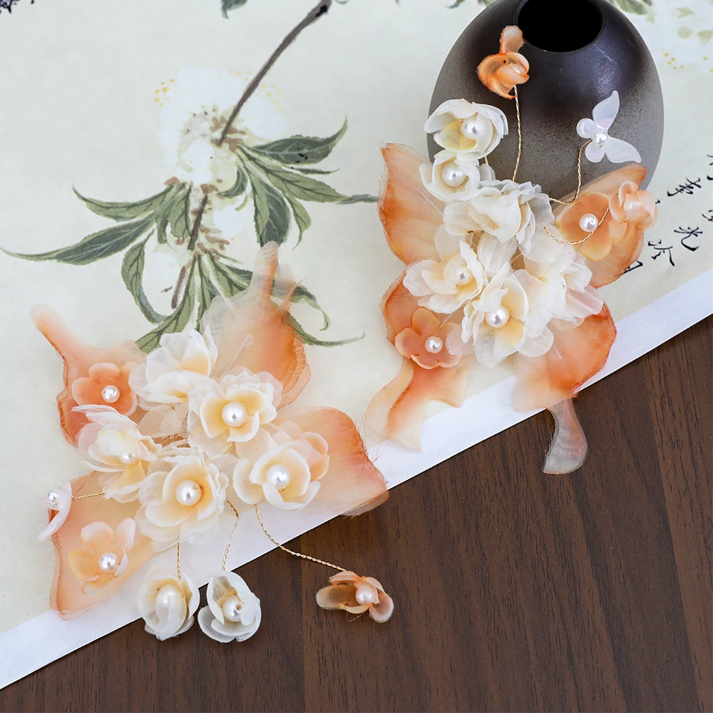 HF1356/1372古风发饰原创设计手工制作橙色米黄色蝴蝶烫花对夹