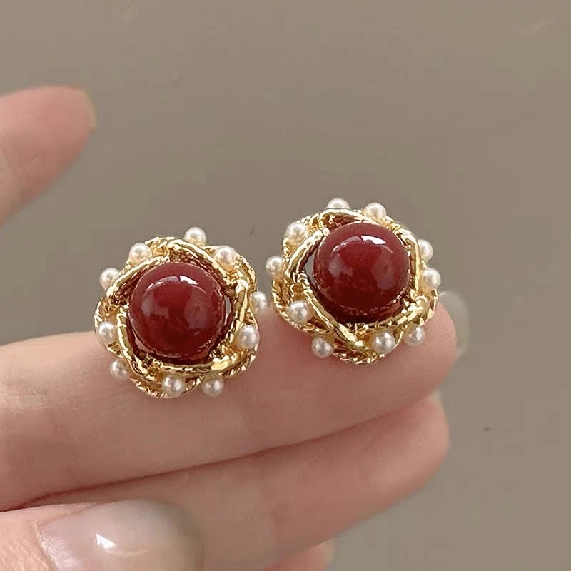合金仿珍珠耳饰 复古宫廷风酒红色仿珍珠耳环订婚新娘结婚耳饰女