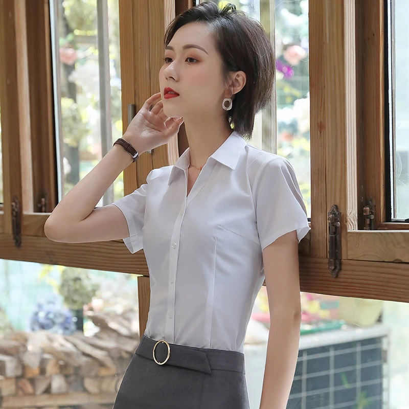 v领白色衬衫女短袖职业装气质正装夏季修身韩版面试ol衬衣工作服