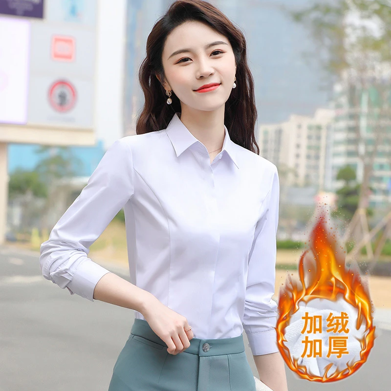 加绒加厚衬衫女长袖职业装正装秋冬款保暖打底方领白色衬衣工作服