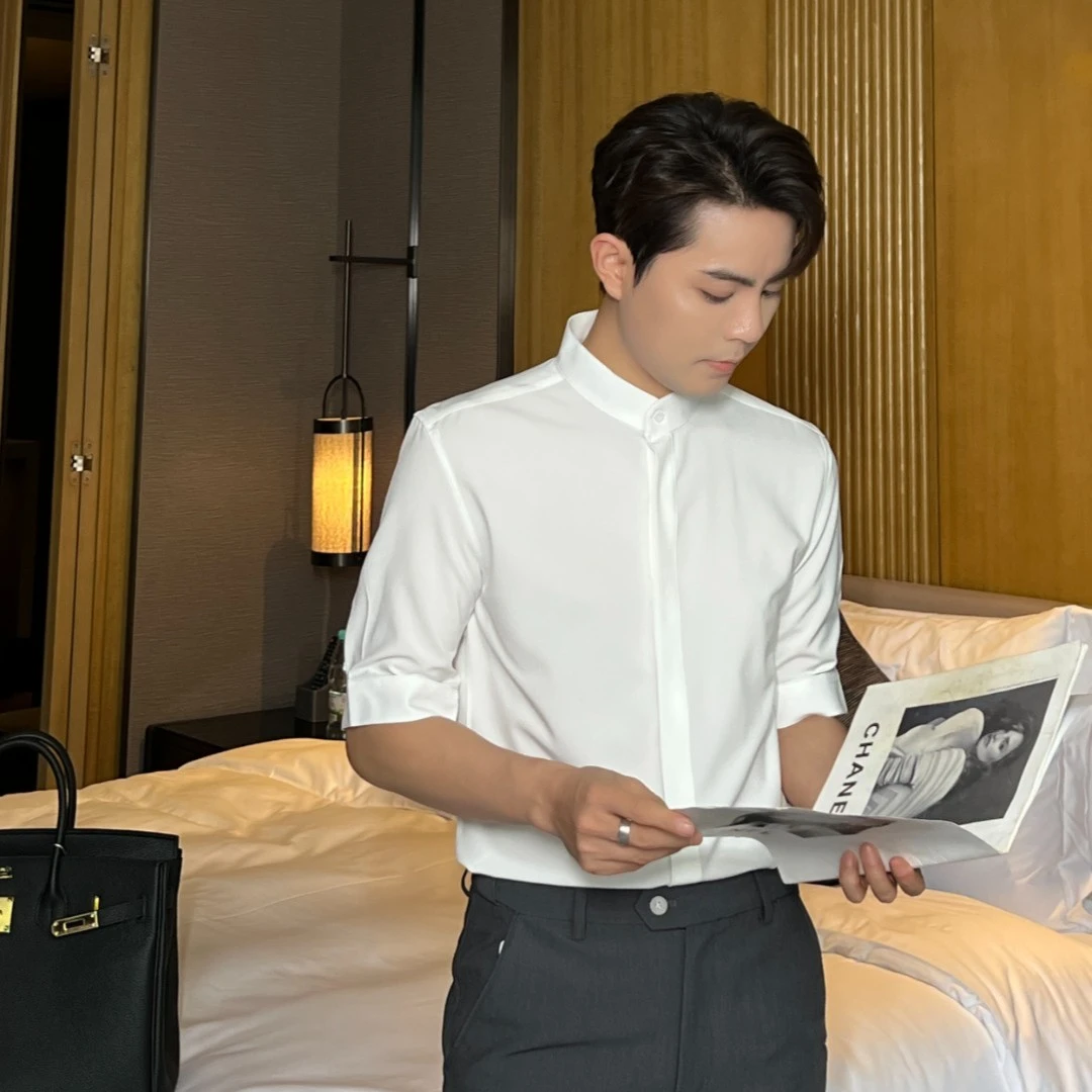 新中式立领夏季衬衫男中袖白色免烫垂感轻奢纯色短袖男士黑白衬衣