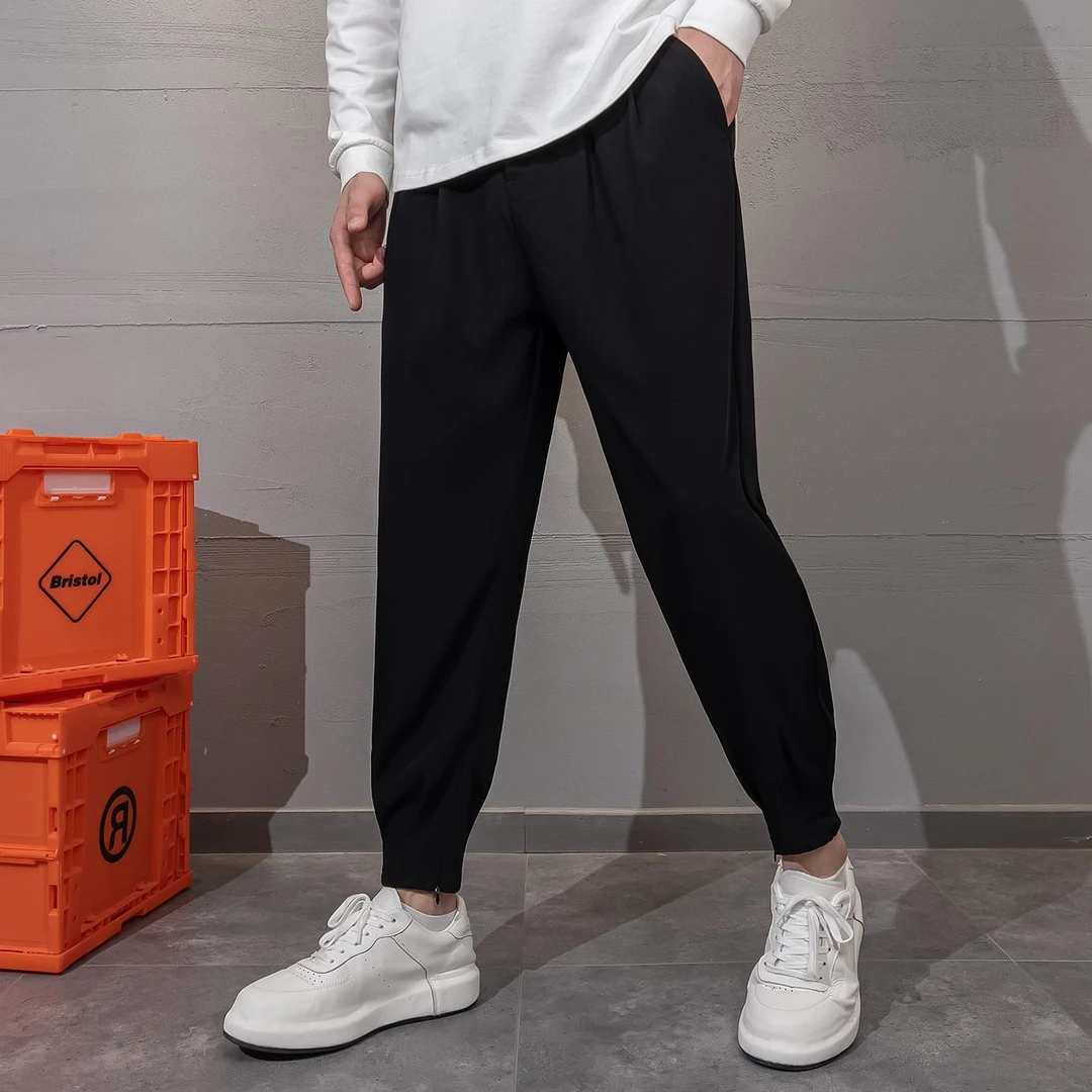 男士夏季冰丝新款束脚哈伦裤简约宽松百搭时尚速干纯色垂感长裤子