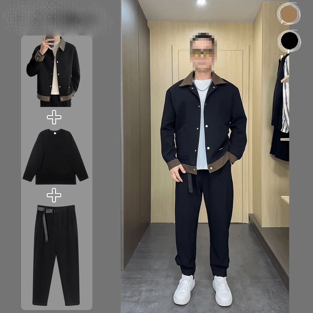 秋季大码休闲套装男款潮流时尚撞色夹克休闲西裤纯色T恤三件套505