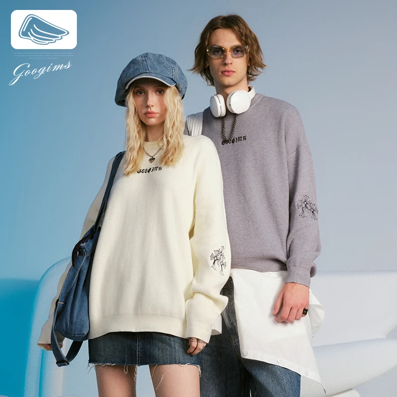 韩国Googims圆领毛衣男女同款春秋宽松百搭情侣上衣秋季绣花衣服