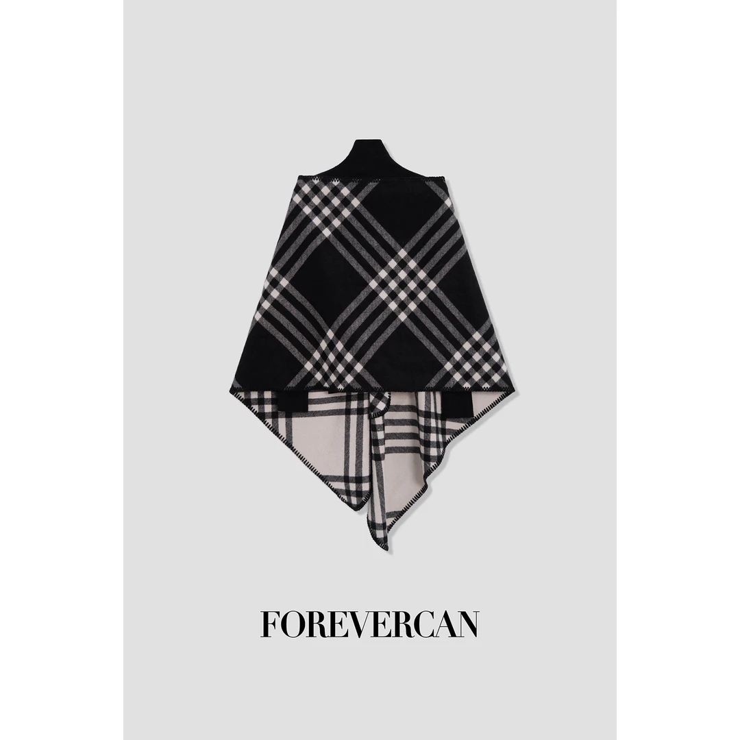 FOREVERCAN“布拉格”真两件复古格纹披肩围巾高领打底上衣 MY4371