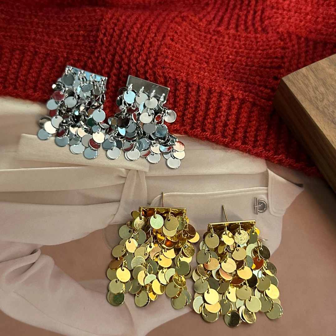 傲雪 铜合金耳饰 法式复古大亮片全镜面流苏高级金属耳环女