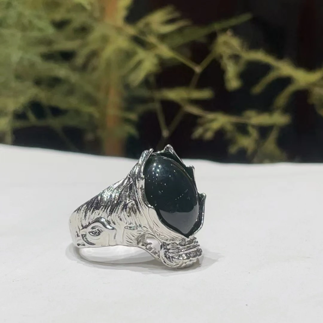 天然新疆和田玉深瓷蓝镶嵌戒指个性男士复古时尚龙首精美合金指环