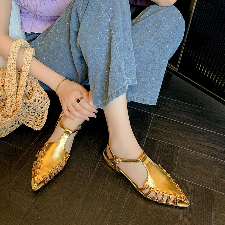 【UK.】2cm跟/夏季新款细跟高跟平底尖头低跟时尚真皮气质凉鞋女