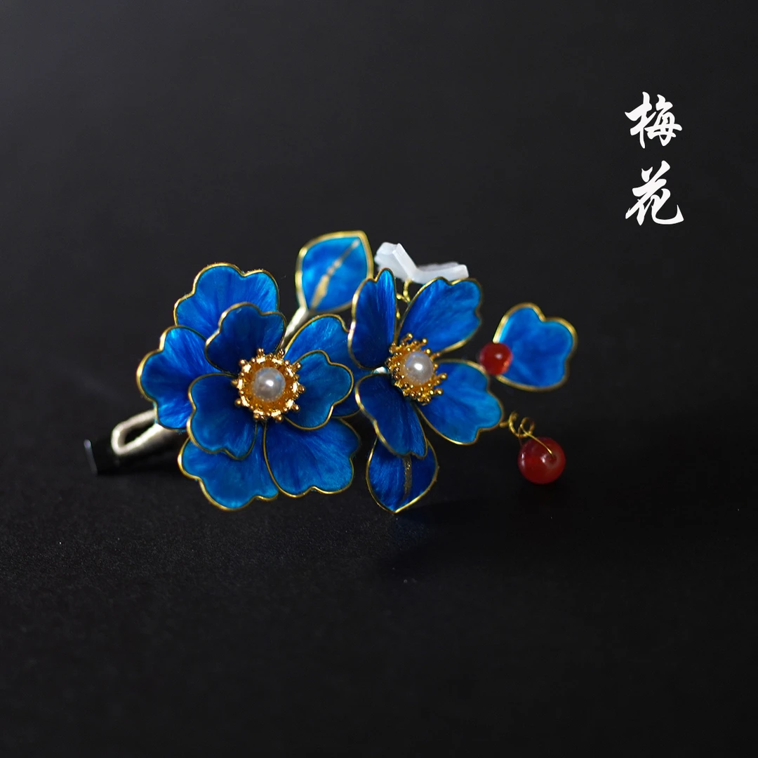 原创非遗绒花丨梅花 纯手工国风新中式掐丝桑蚕丝线发夹边夹