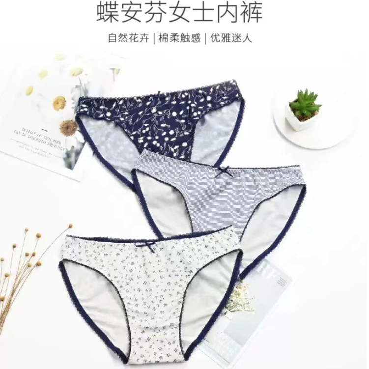 三条装蝶安芬女士纯棉抑菌时尚优雅印花柔软舒适透气低腰三角裤