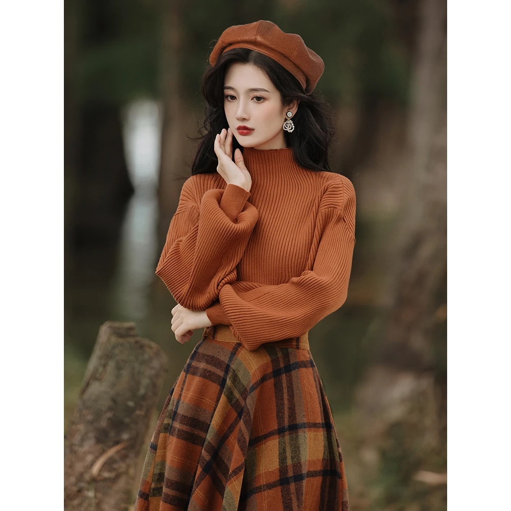 秋冬款复古厚实灯笼袖针织高领毛衣搭配毛呢格纹半身裙套装939
