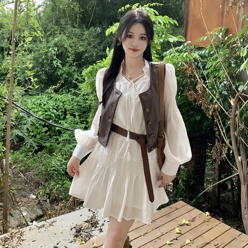 【宝藏衣橱上新】早秋新款设计感法式复古小众长袖连衣裙马甲2761