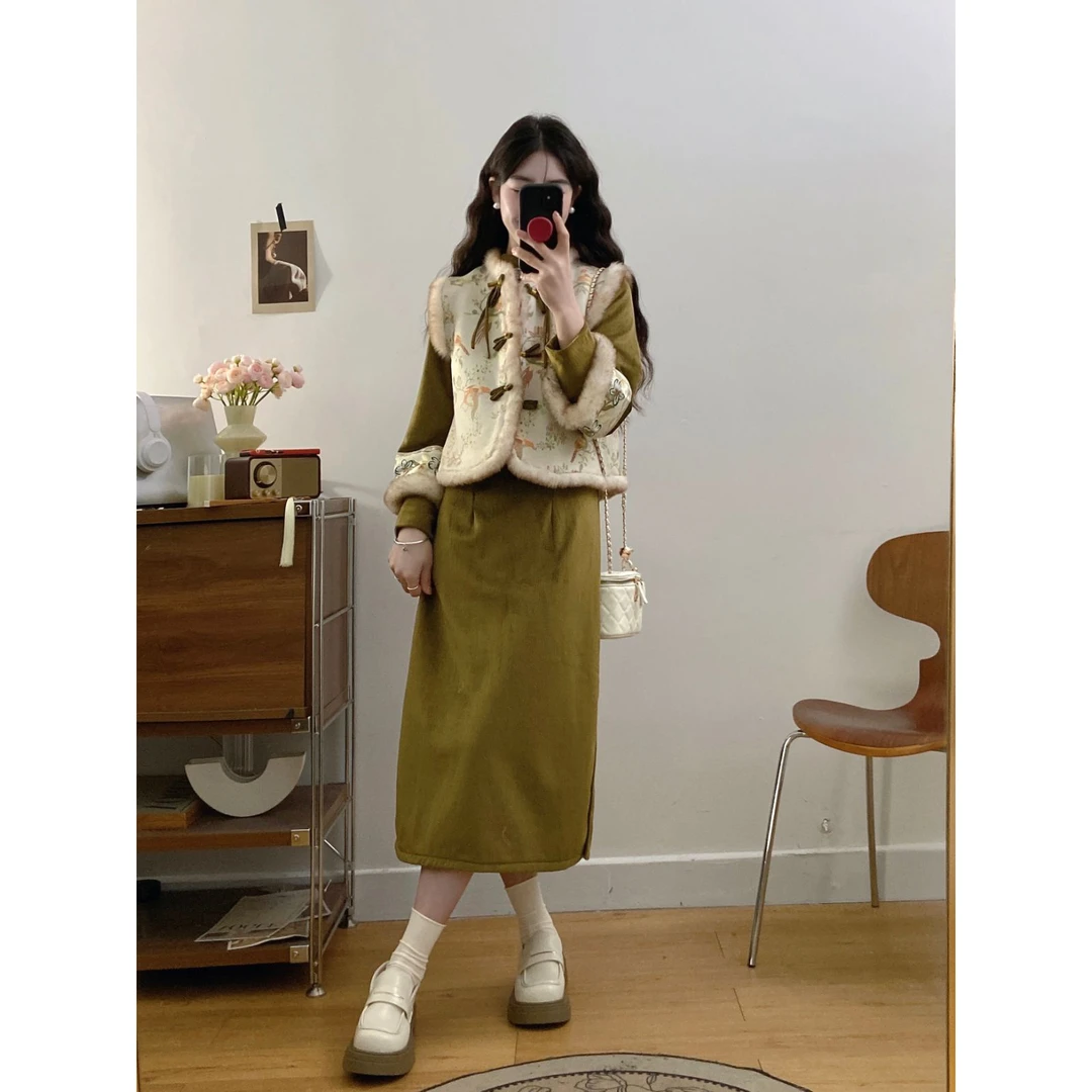 新中式国风复古绿色加绒旗袍连衣裙搭配夹棉毛毛拼接马甲套装9837